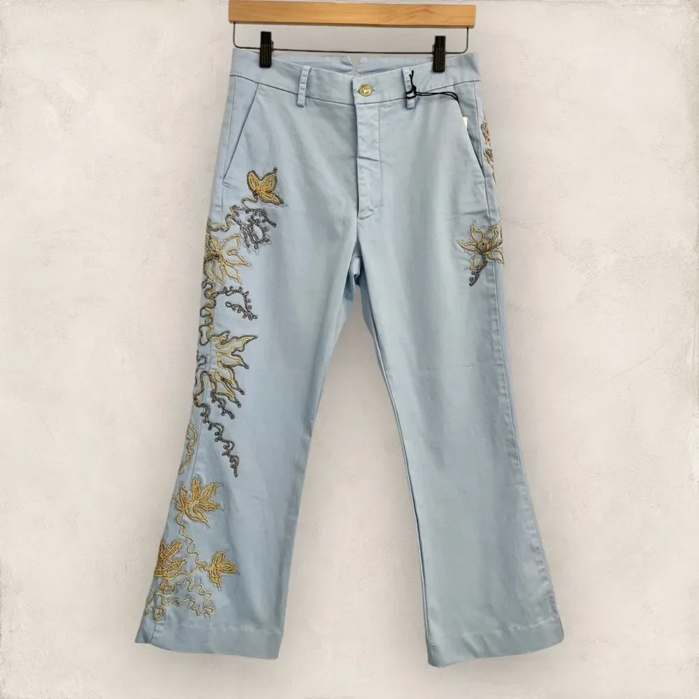 Anthropologie History Repeats Pants Blue Embroidered Beaded Metallic Size 38‎ 2